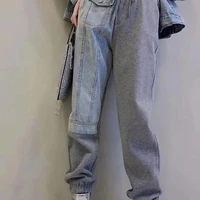 straight pants womens elastic waist loose stitching denim asymmetric color matching casual pants 2020 spring new pants