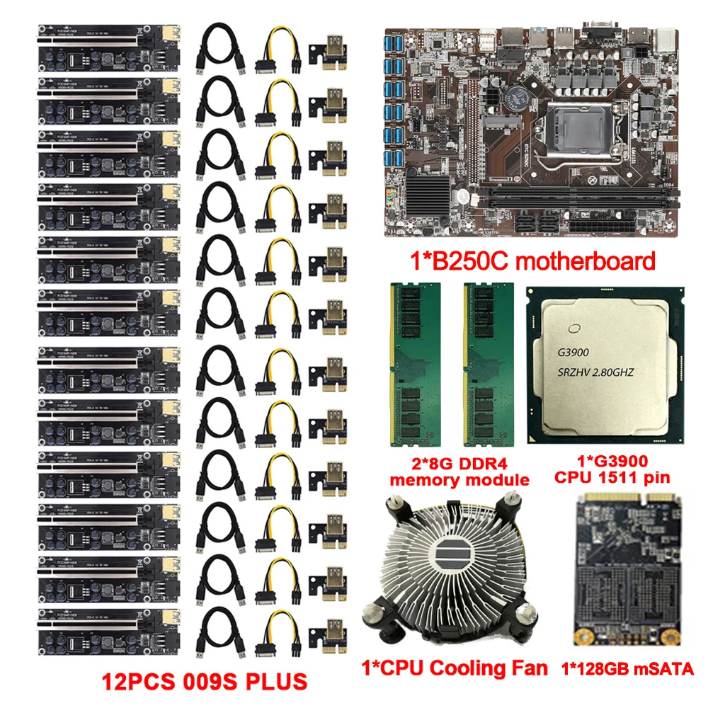 Комплект материнской платы для майнинга B250C комплект с 12 PCIE на USB3.0 LGA 1151 2X8GB DDR4 G3900