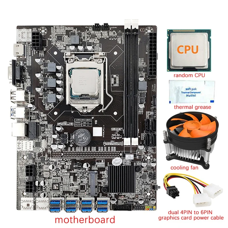

B75 8 GPU BTC Mining Motherboard+CPU+Fan+Thermal Grease+Power Cable 8 USB3.0 To PCIE LGA1155 DDR3 RAM SATA3.0 ETH Miner