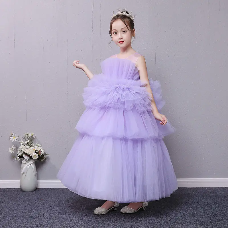 

Lavender Girl Ceremonial Dress Layer Tulle Little Girl Wedding Dress Full Length Princess Ball Gowns Dress For Teenager 3-14Y
