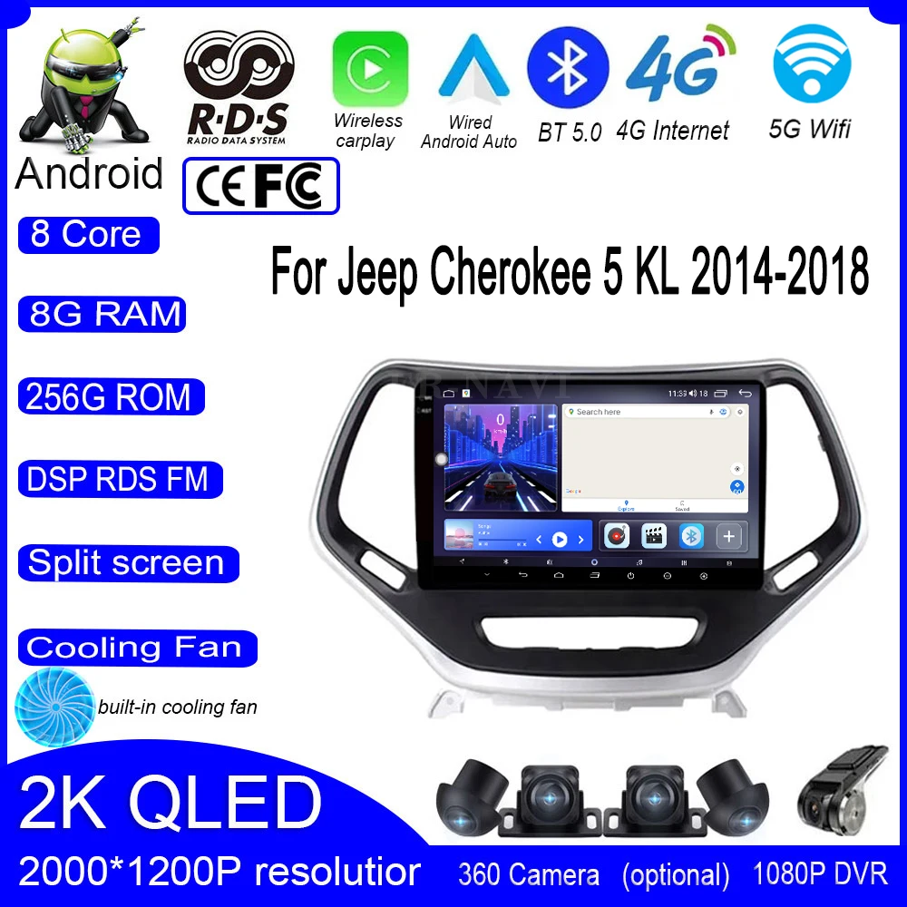 4G 9-дюймовый для Jeep Cherokee 5 KL 2014-2018 Android 14 Автомобильный мультимедийный плеер Видео