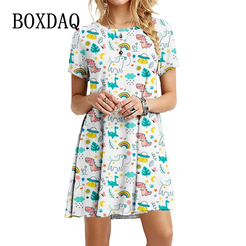 

Lovely Cartoon Print Dress 2022 New Summer Mini Dress Oversized Women Streetwear Casual Short Sleeve O-Neck Loose Dress Vestidos