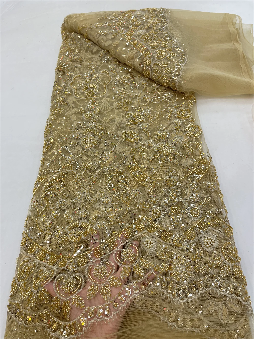 

Sequins lace Latest African Mesh Lace Fabric Embroiderey Gold Beads French Tulle Laces Fabric For Nigerian Wedding Party QF0184