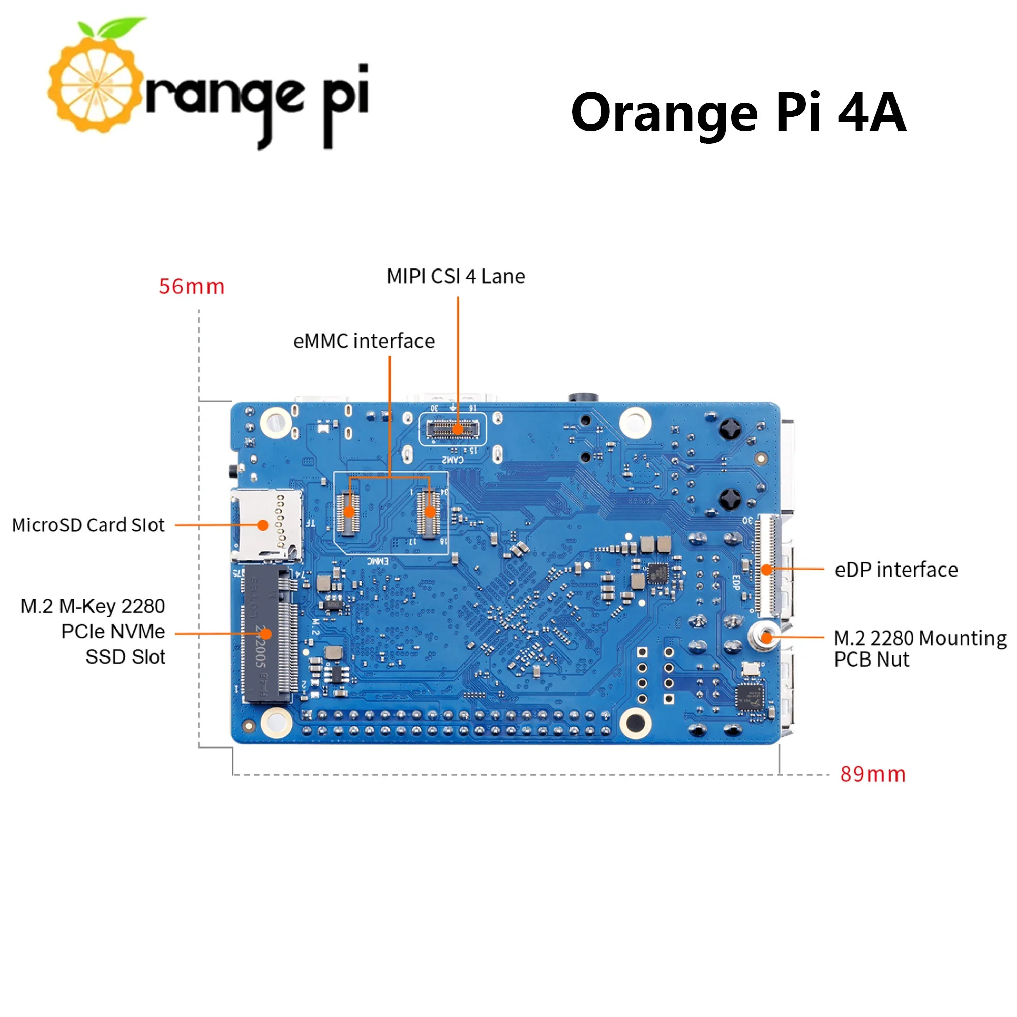Оранжевый Pi 4A Allwinner T527 RISC-V восьмиядерный процессор 2 ГБ/4 ГБ LPDDR4/4X 2TOPS NPU