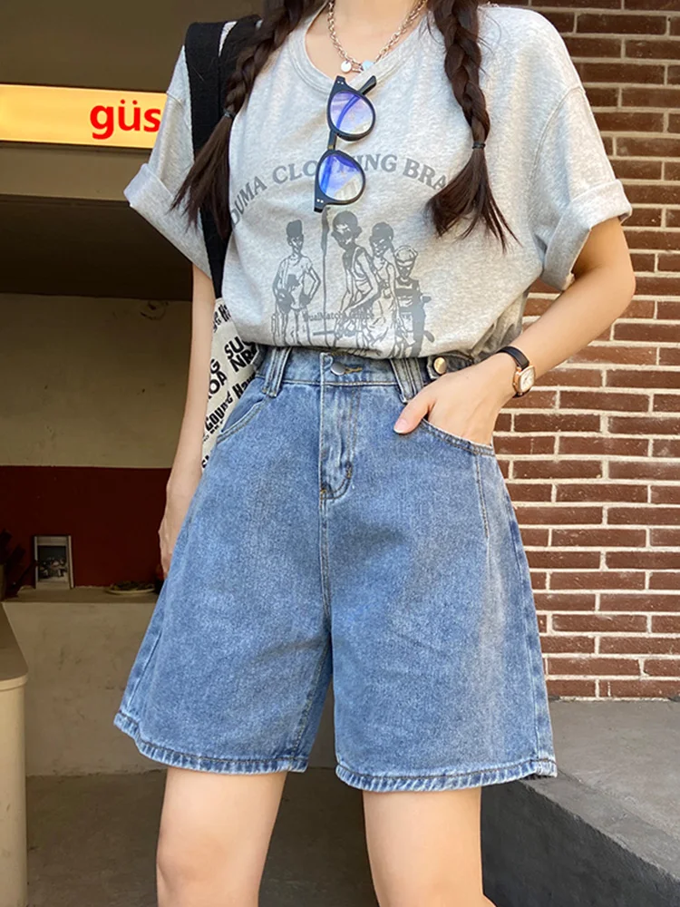 New Spring Summer Women High Waist Button Blue Denim Shorts Streetwear Female Wide Leg Retro Jeans Shorts Bottoms