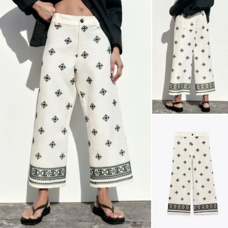 

Casual Women's Pants Loose Embroidery Office Lady Linen High Waist Straight Pant Zipper Ladies Chic Trousers 2023 Summer New