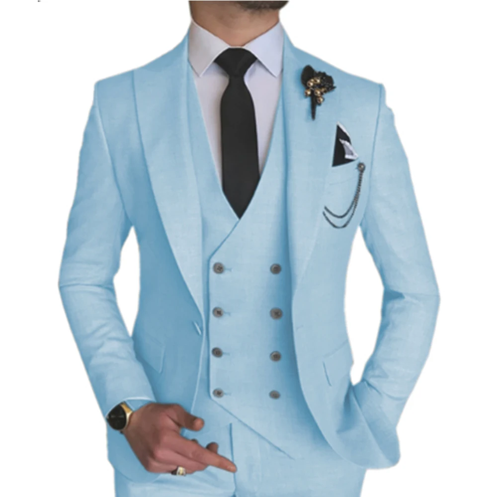 Fashion Smart Business Sky Blue Costume Homme Wedding Men Suits Peak Lapel Groom Tuxedos Terno Masculino Prom Blazer 3 Pieces