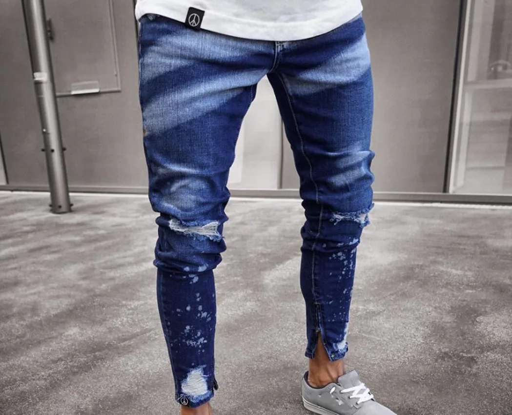 2023 New Fashion Painted Hole Ripped Skinny Jeans Men wash Solid Trouser Hip Hop Casual Slim Fit Pencil Denim Pants