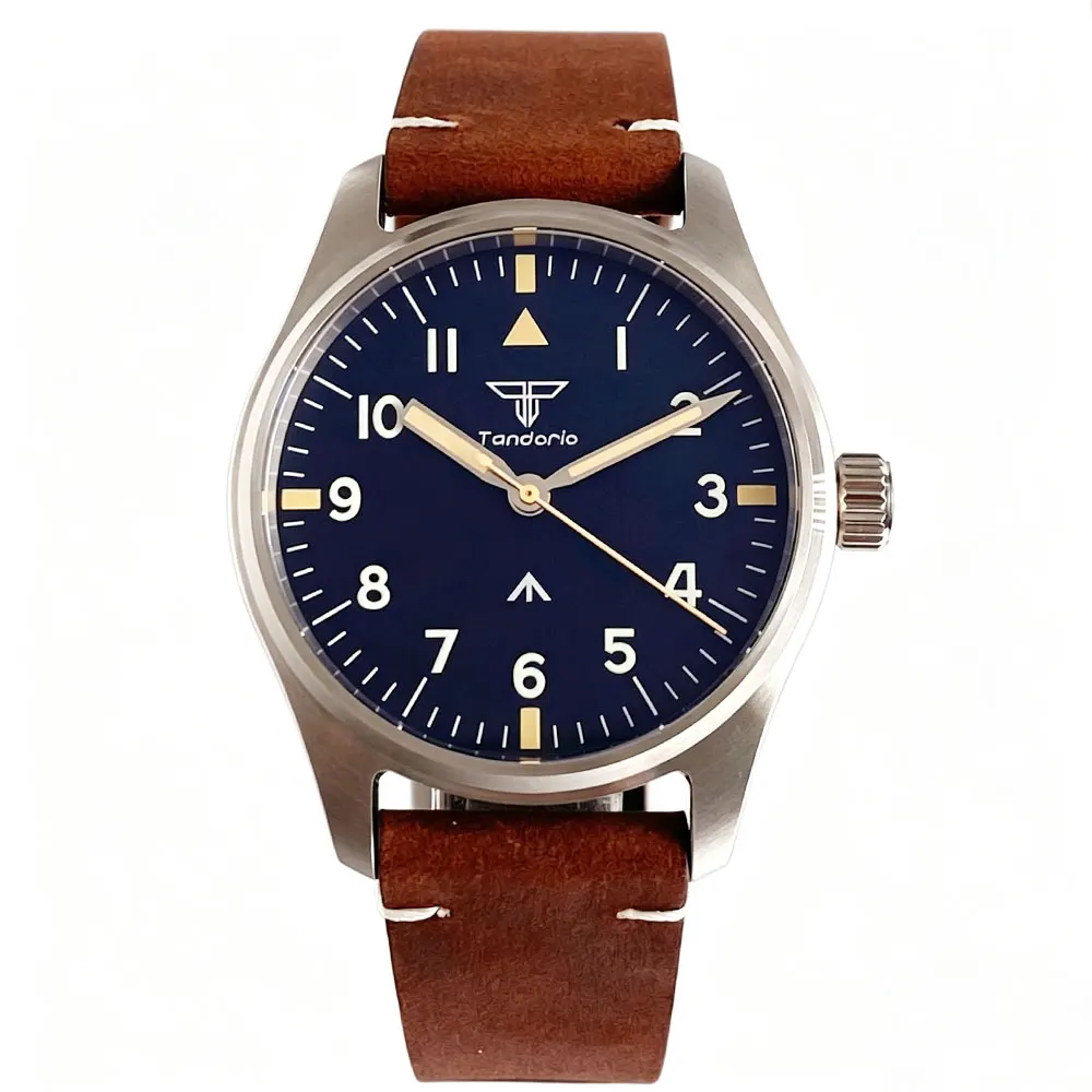 Фото Мужские кварцевые часы Pilot Retro 39 мм с механизмом VH31, из нержавеющей стали, с сапфировым стеклом, водонепроницаемость 100 м, светящиеся метки, кожаный ремешок, Reloj Hombre №4