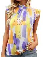 womens sleeveless printed chiffon pleated neck colorful shirt