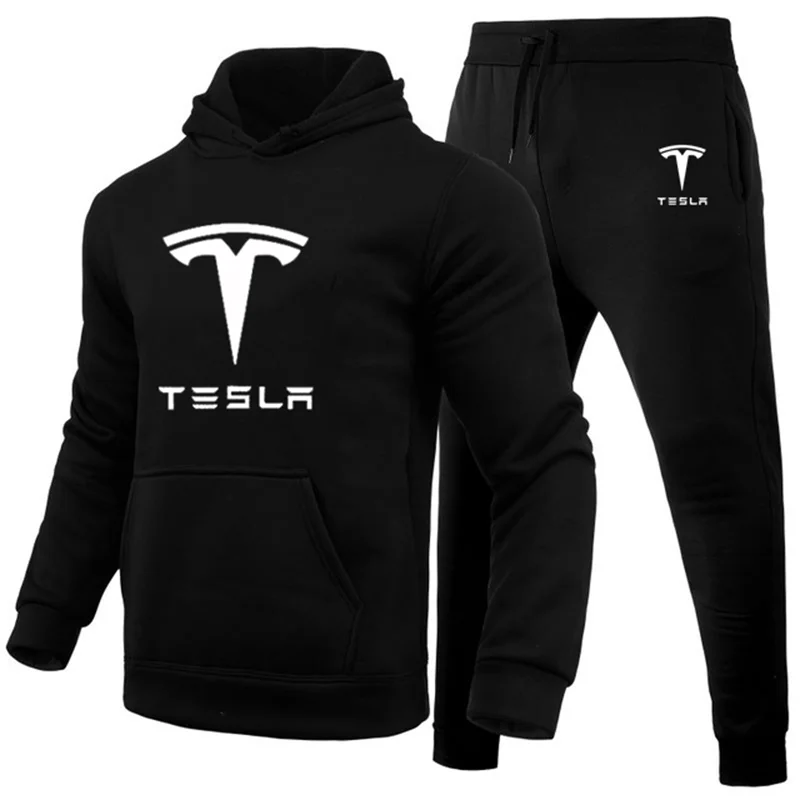 Hoodies Men Tesla Car Logo Print Casual Harajuku Gradient color Hooded Fleece zipper Jacket Sweatshirt Sweatpants Suit 2pcs