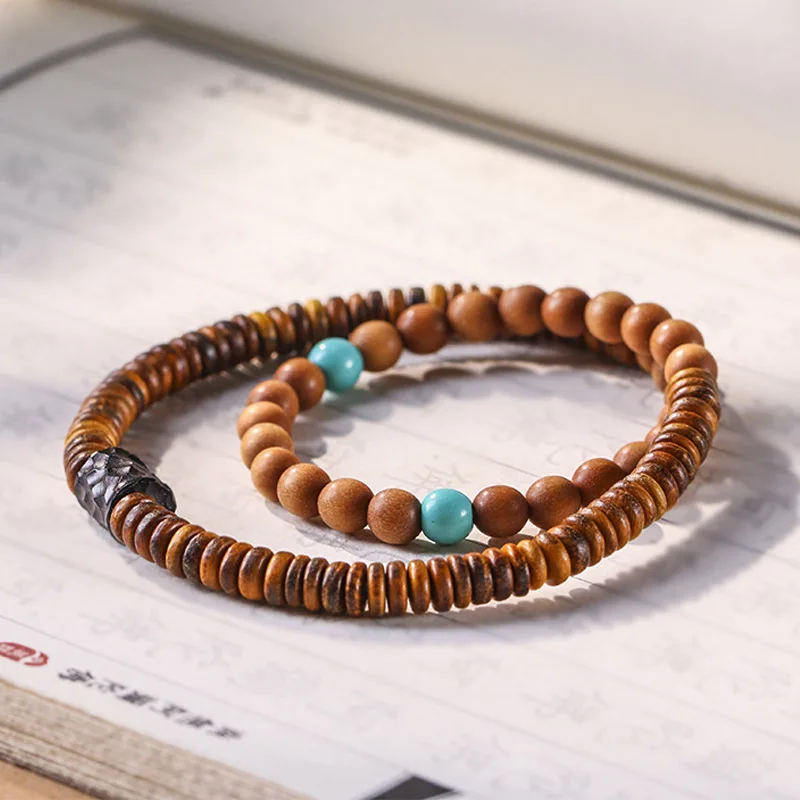 

Handwoven creative Sen series niche female popular sandalwood retro Chinese style simple couple's double loop bracelet
