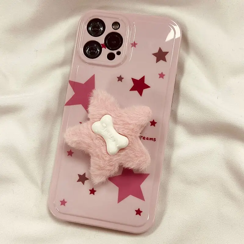 

Harajuku Pink Star Phone Case with Bone Bracket for IPhone 14 11 12 13 Pro Max Korea Ins Cool Phone Case