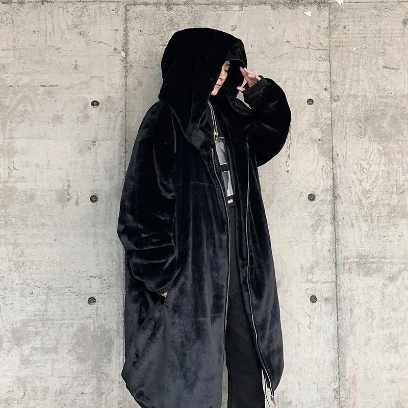Winter Jacket Men Warm Fashion Grey/Black Casual Hooded Coat Mens Japanese Streetwear Loose Oversized Lamb Coat Men Overcoat