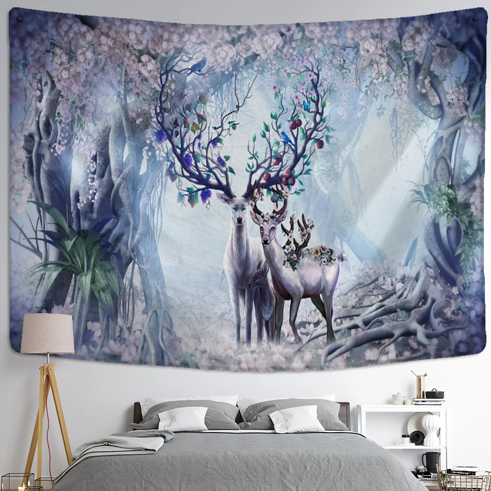 

Nordic Forest Elk Tapestry Wall Hanging Fantasy Starry Sky Hippie Bohemian Psychedelic Mystery Home Decor