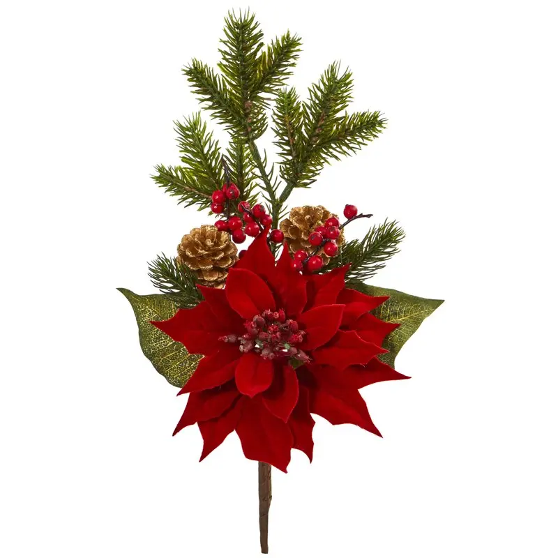 

17” Poinsettia, Berry and Pine Artificial Flower Bundle (Set of 6)