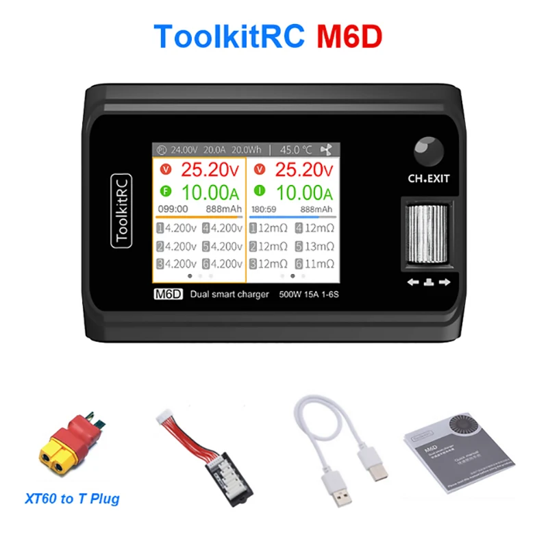 

In Stock ToolkitRC M6D 15Ax2 DC Dual-channel Mini Charger Discharger for Output 1-6s Lipo LiHV Lion NiMh Pb Cell Checker Tester