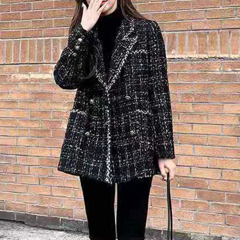 

Стандартное женское двубортное пальто, осенне-зимнее свободное клетчатое шерстяное пальто, простроченная верхняя одежда