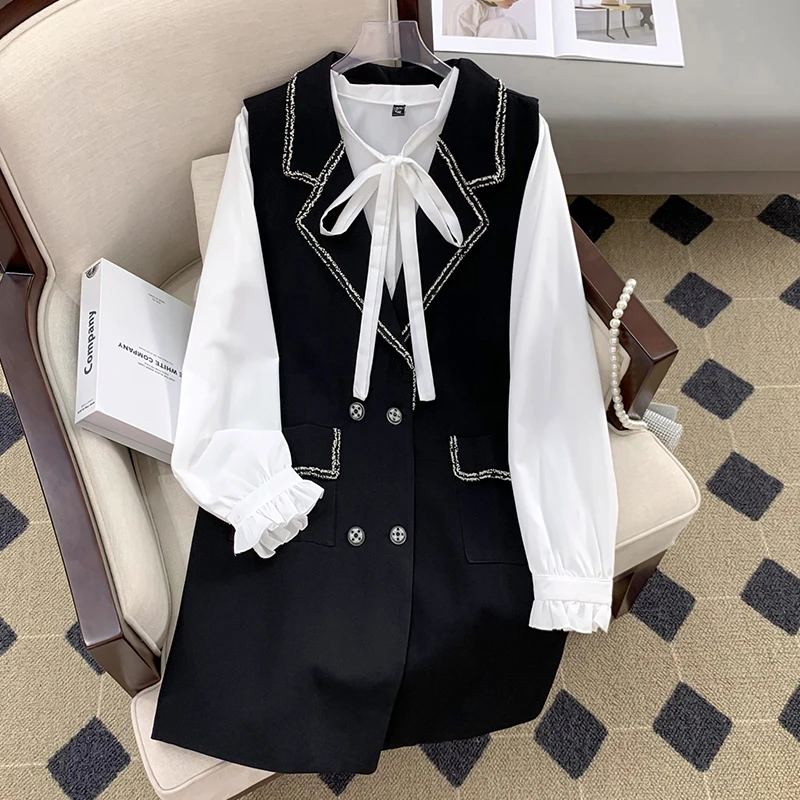 

Women Elegant Work Suit Jacquard Vest Jacket Coat Dress And White Shirt Top Two Piece Set Office Ladies Outfit Fashion Clothing