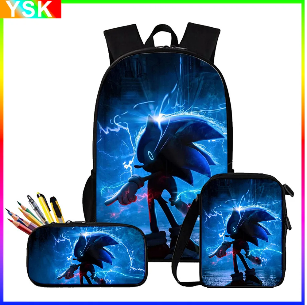 

Three-piece Anime Hedgehog Sonic Backpack Messenger Bag Pencil Bag Set 3D Backpack Schoolbag Zipper Backpack Sports Travel