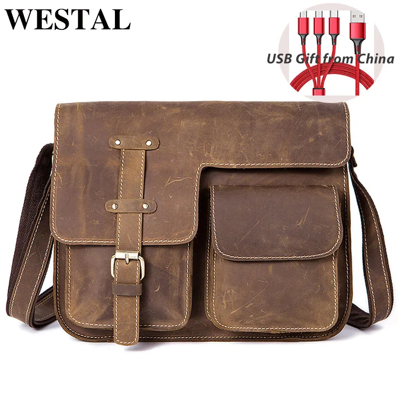 

WESTAL Men's Bag Leather Men's Shoulder Bag for Men Crazy Horse Men's Designer Messenger Bags Man Satchels Handbags 1050