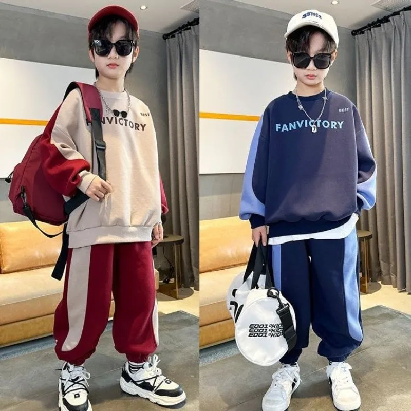 

Boys Sweatshirts + Trousers Cotton 2PCS/Set Kids Sport Suits 2023 Loose Spring Autumn Plus Size Teenagers Children Sets