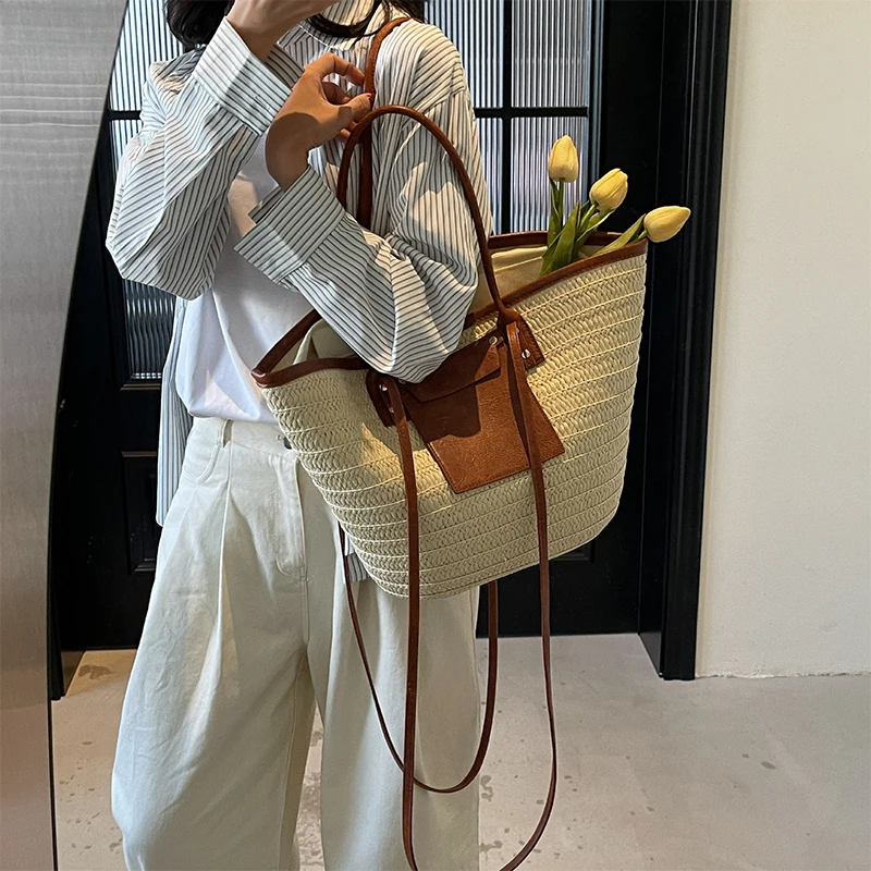 Большая вместительная тканая сумка-тоут для отдыха на море женская модная