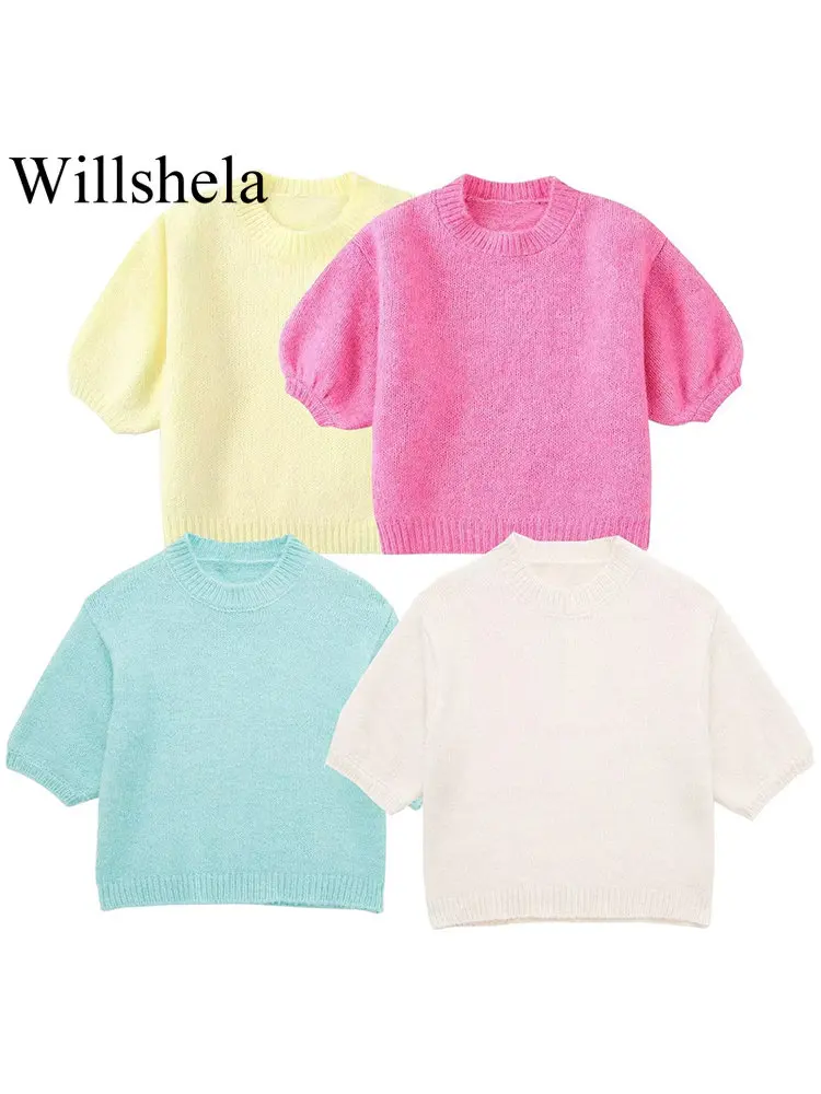 

Willshela Women Fashion Solid Soft Cropped Knitted Pullover Sweater Vintage O-Neck Short Sleeves Female Chic Lady Tops
