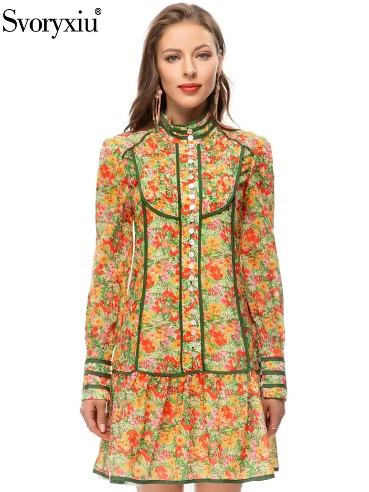 

Svoryxiu Designer Runway Summer Elegant Gorgeous Floral Print Mini Dress Women's Lantern Sleeve Button Loose Waist Ruffle Dress