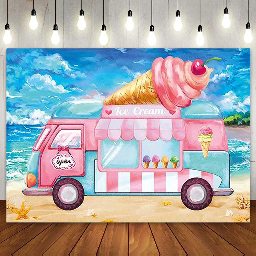 

Painted Ice Cream Truck Backdrops for Photography Girl Boy Newborn Cake Summer Hawaiian Beach Seaside 1st Birthday Party Banner