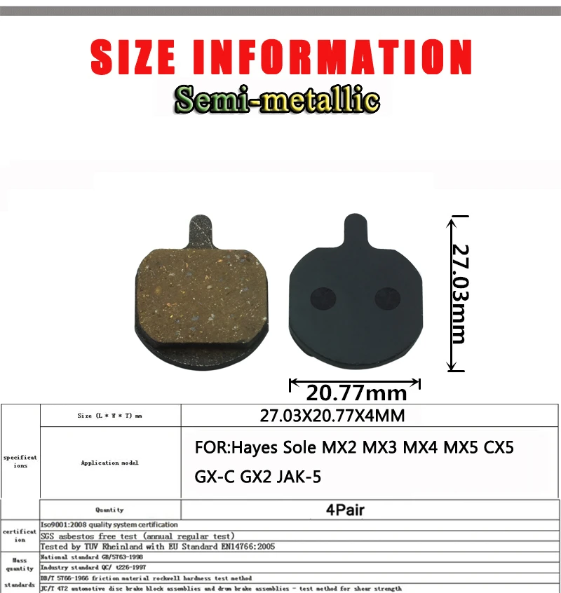 4 пары велосипедных дисковых тормозных колодок для Hayes Sole MX2 MX3 MX4 MX5 GCX GX2