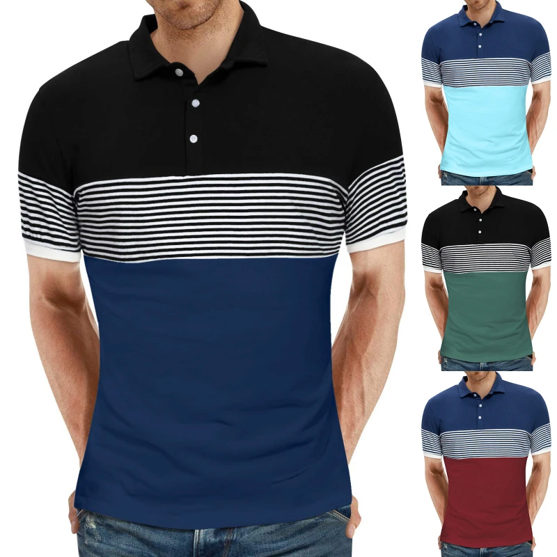 

Men T-shirt Polo Shirts Summer Striped Stitching Pullover T-shirt Men Short Sleeve Single-Breasted Turn-down Collar Slim T-shirt