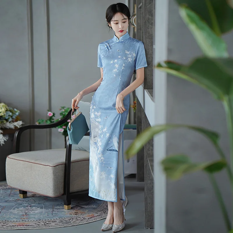 Новинка 2024 Осеннее длинное женское платье-Ципао Eveining Двухслойное в стиле ретро