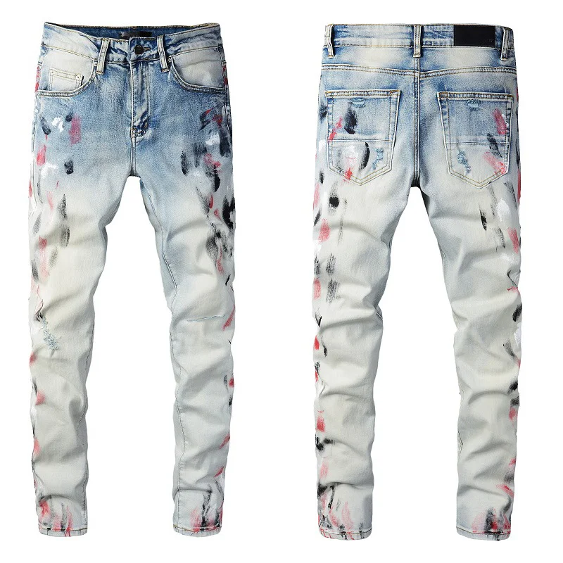 

AM Men‘s Jeans Fashion Street Denim Casual Pants Micro-elastic Cotton Youth Light Blue Splash Paint Skinny Jean Streetwear Pants