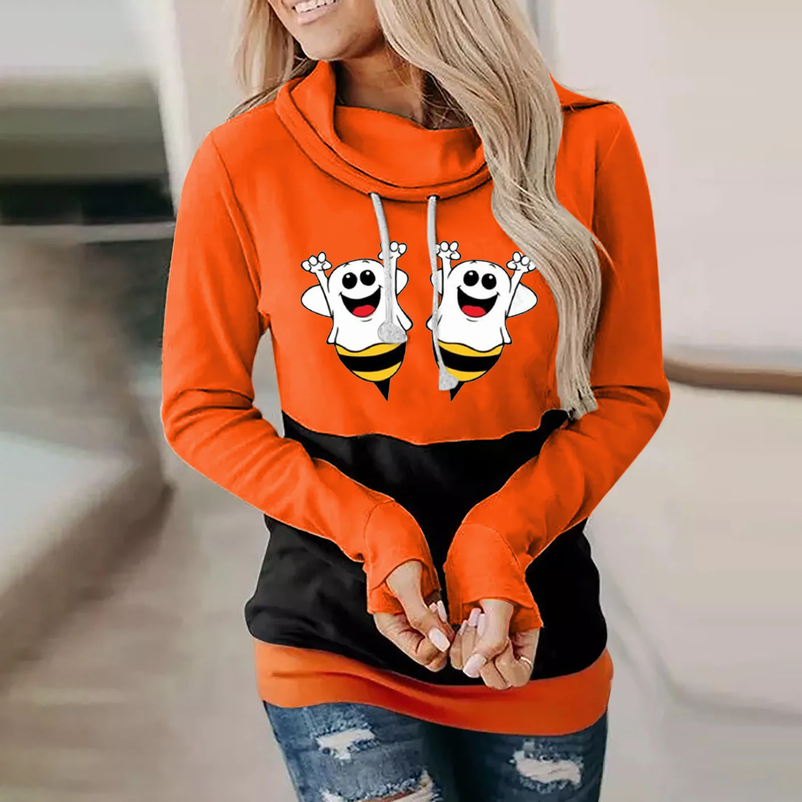 

Women Halloween Printing Sweatshirt Casual Long Sleeve Hooded Loose Drawstring Hoodie Pullover Surf Sweatshirts Hoodies Womens