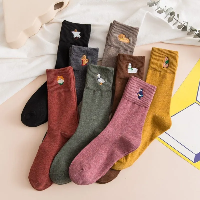 

New Sell Well Embroidery Cartoon Alpaca Cute Women's Socks College Style Cotton Long Socks for Women Harajuku Vintager Sock