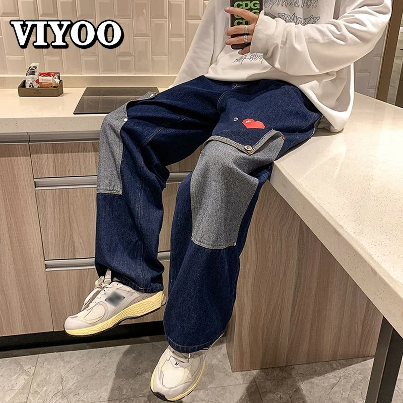 Men Women's Jeans Clothes Patchwork Baggy Denim Wide Pants Beggar Korea Y2K Cargo Harajuku Pants High Street Male Streetwear