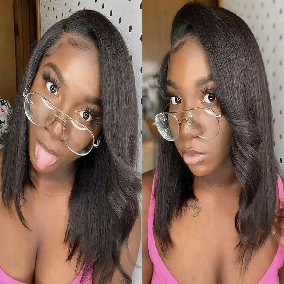 

Kinky Straight Lace Front Wig Yaki Straight Bob Wigs Synthetic Lace Front Wig For Women With Natural Hairline Heat Resistant