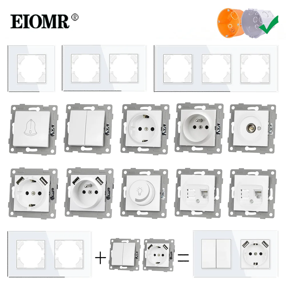 EIOMR белый хрустальный стеклянный панельный выключатель света европейские французские электрические розетки Usb настенная розетка ТВ rj45 модуль розетки DIY для круглой коробки