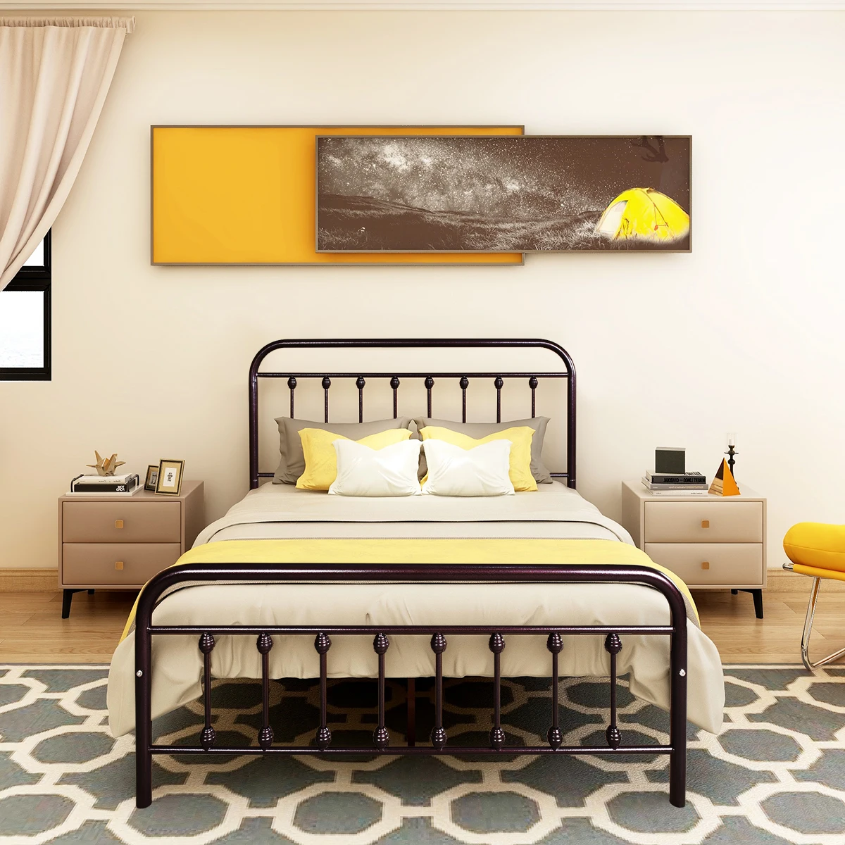 W/headboard&footboard Platform/wrought Iron/heavy Duty/solid Sturdy Slat Black/bronze[us-stock]
