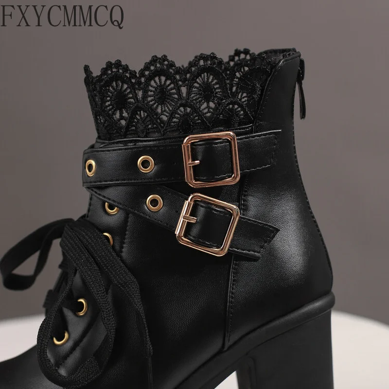 FXYCMMCQ 2022 Spring and Autumn Korean Version of The New Thick Heels Simple Wild Lace Sweet Girl Shoes 815