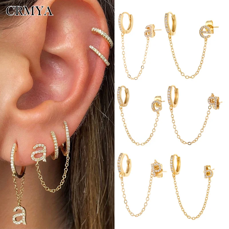 

CRMYA Gold Silver Filled1 PCS a-z Letter Connected Initial Chain Stud Earring CZ Zircon Hoop Earrings for Women earings Jewelry