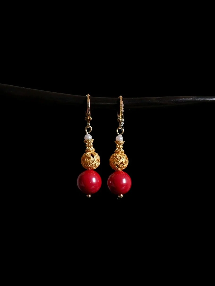 [Сахар Фу Лу] Оригинальные китайские серьги Sle из натуральной киновари с тыквой