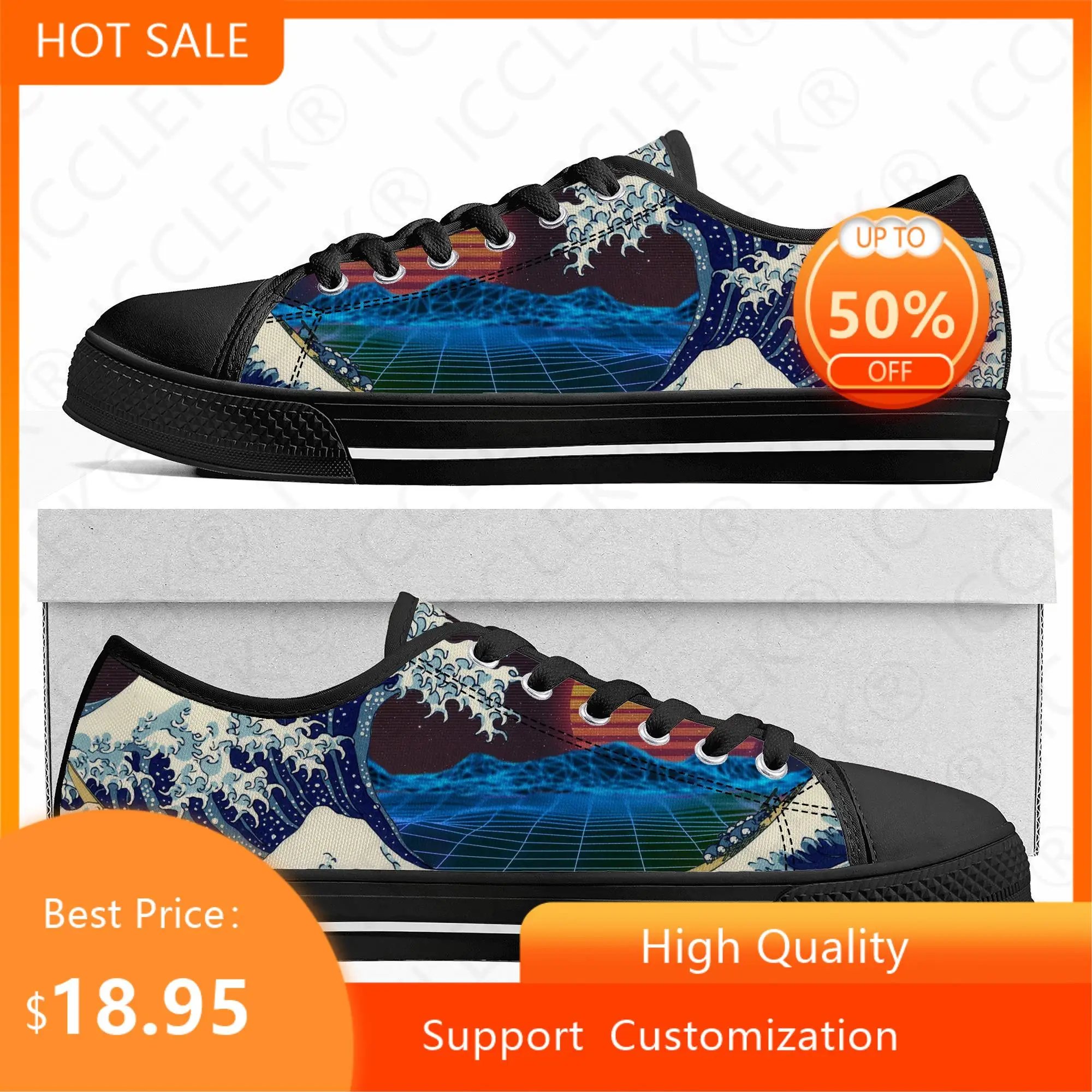 

Низкие кроссовки The Great Wave off Kanagawa Printmake для мужчин и женщин, подростковые высококачественные холщовые кроссовки, обувь для пар, обувь на заказ