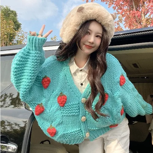 

Strawberry Knitted Sweater Cardigans Women V-Neck Long Sleeve Casual Jumpers Loose Vintage Outwear Sweet Metal Buttons