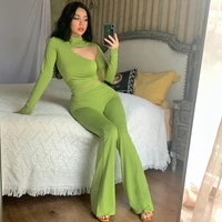 fashion spring solid hollow out casual suit slim fit long sleeve tops and flare pant 2022 women outfits two piece pants set