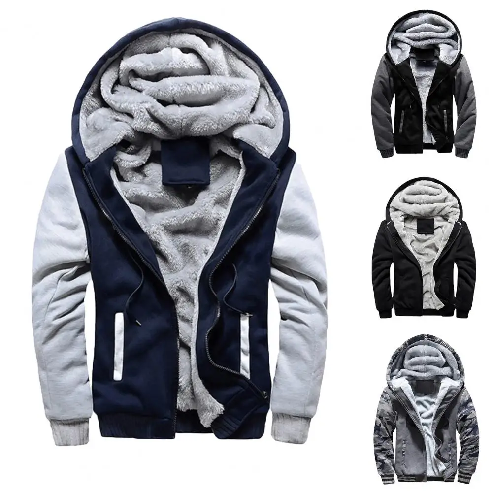 

Autumn Winter Men Coat Color Block Long Sleeve Zipper Men Outerwear Thickened Plush Lining Drawstring Jacket Streetwear For Work