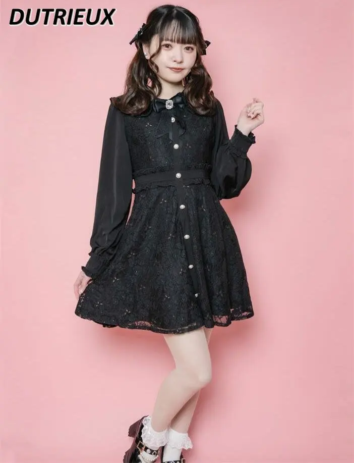 

Новинка весна-лето 2023, однобортное платье Rojita в японском стиле с жемчугом, милое кружевное платье с оборками и длинным рукавом для девочек