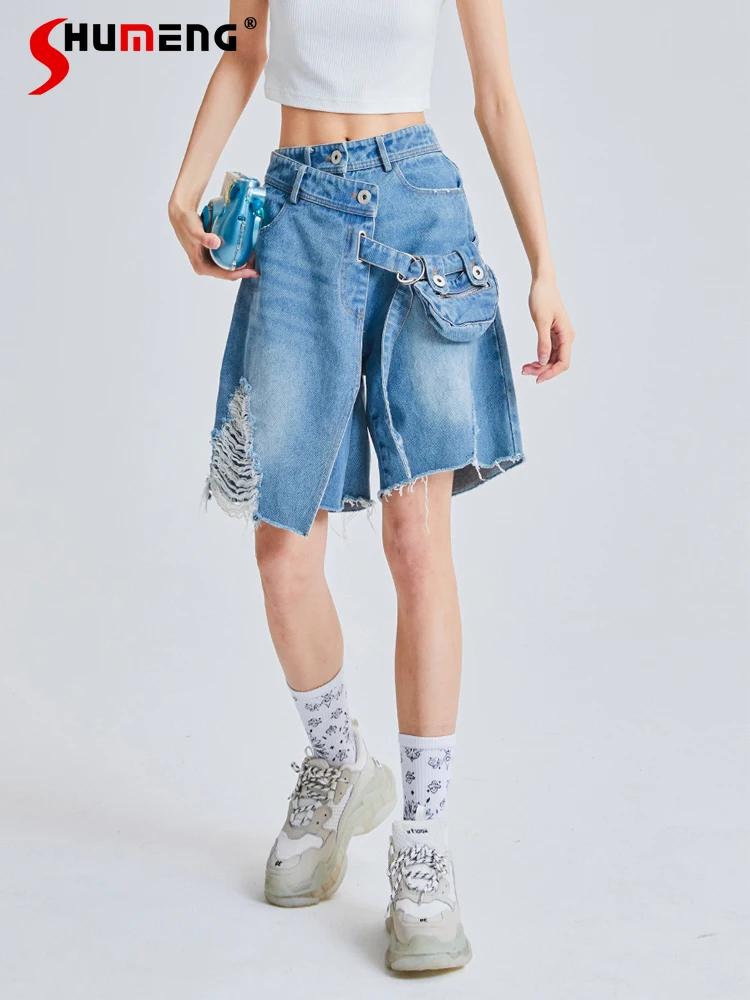 

Casual Blue Denim Shorts Woman Summer 2022 New Thin Washed High Waisted Half Jeans for Women Holes Cropped Pants Streetwear