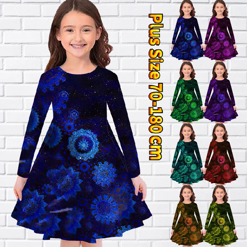 

Autumn Winter Little Girl Retro Beautiful Long Sleeve Skirt Round Neck New Design Print Dress Simple Style Knee Length Skirt